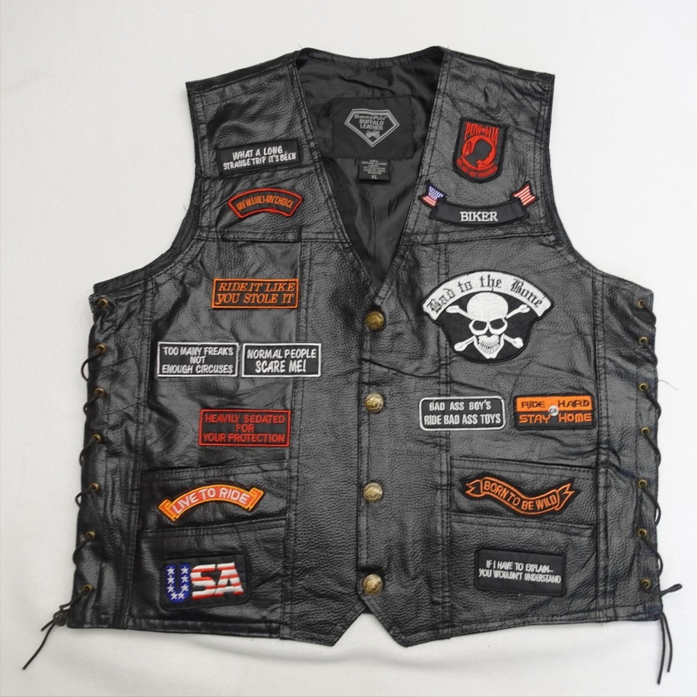 Diamond Plate Buffalo Leather Vest Mens XL Black Biker Skull Eagle USA Patches